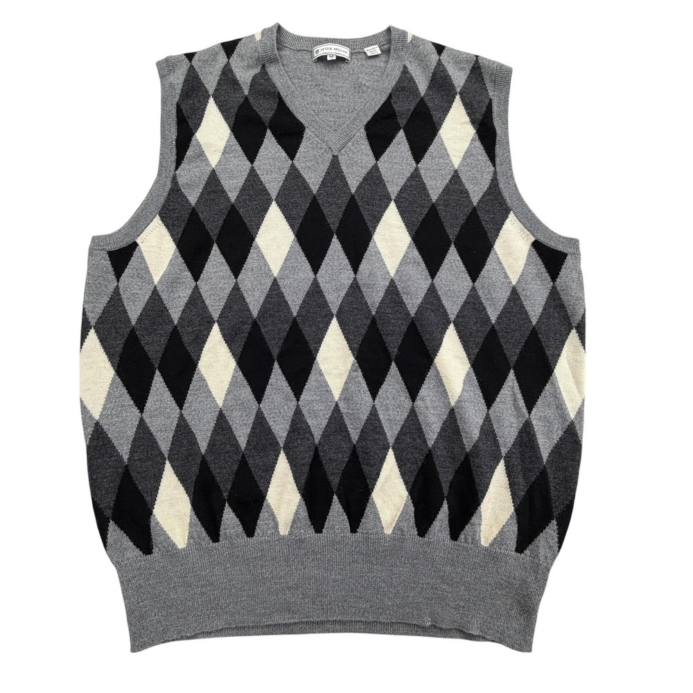 Peter Millar Sweater Mens M Gray Argyle 100% Merino Wool V-Neck Vest Knit Golf